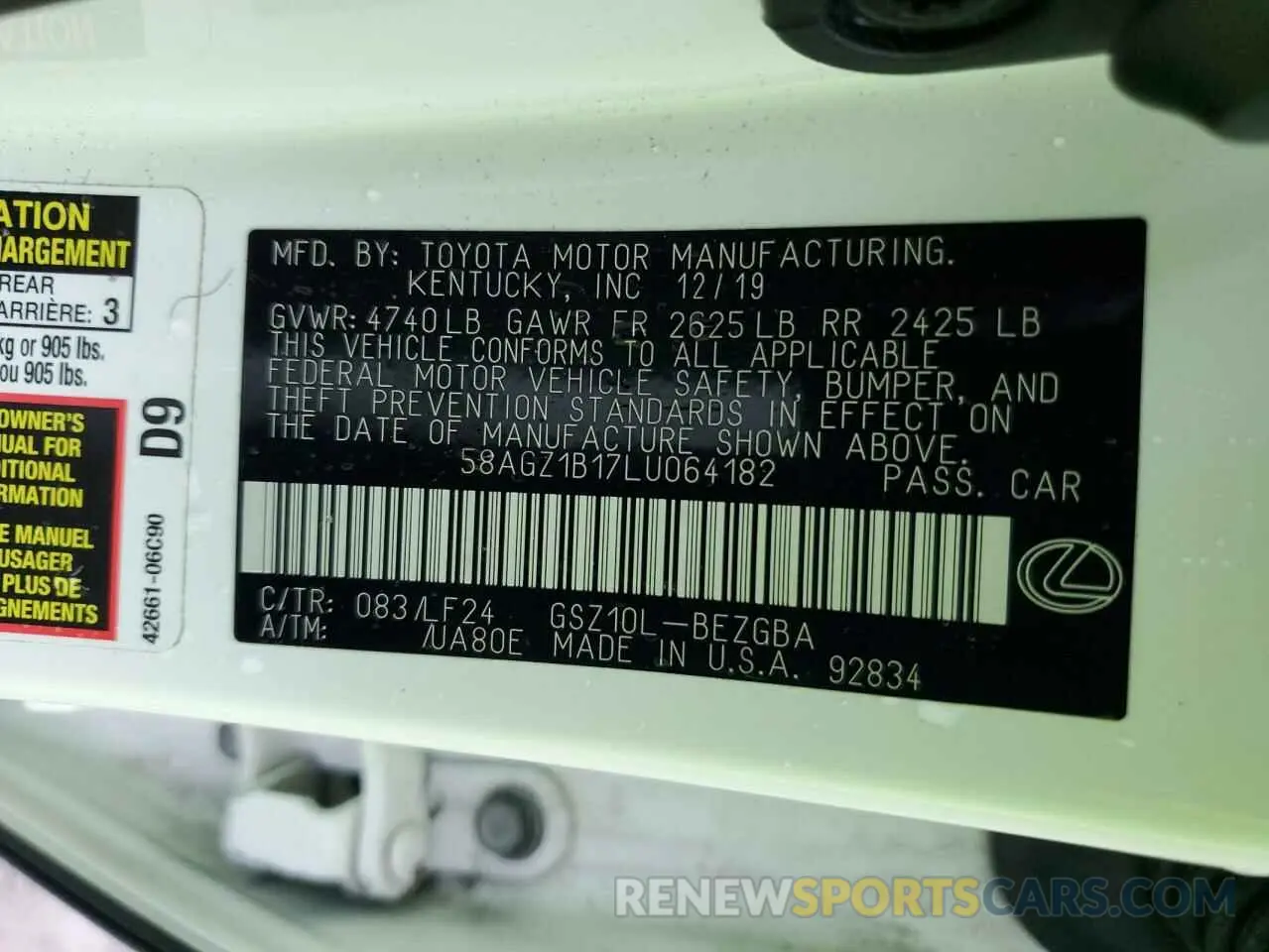 12 Photograph of a damaged car 58AGZ1B17LU064182 LEXUS ES 350 F S 2020