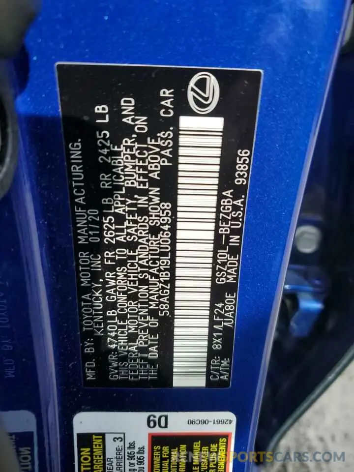 12 Фотография поврежденного автомобиля 58AGZ1B19LU064958 LEXUS ES 350 F S 2020