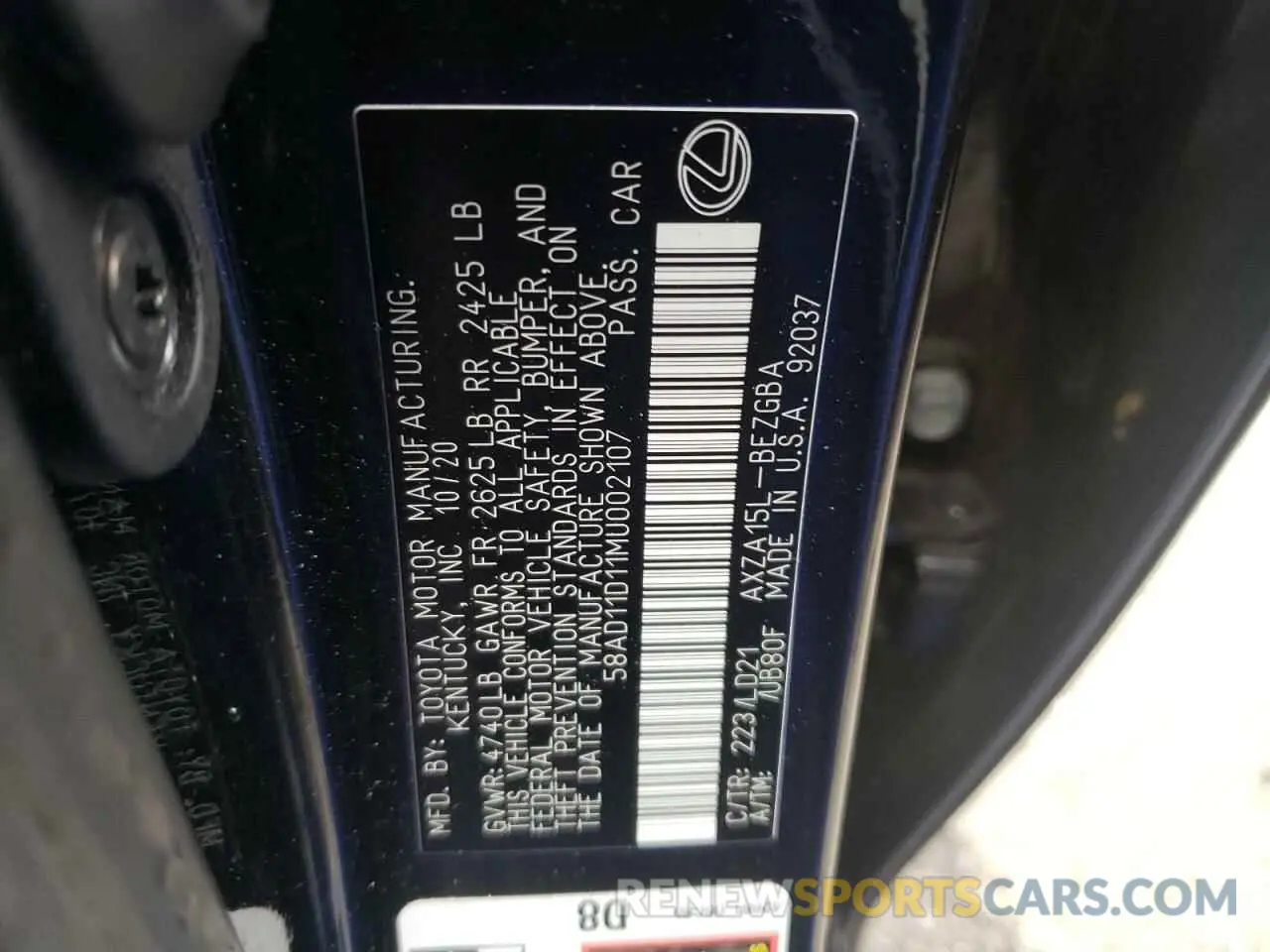 10 Photograph of a damaged car 58AD11D11MU002107 LEXUS ES250 2021