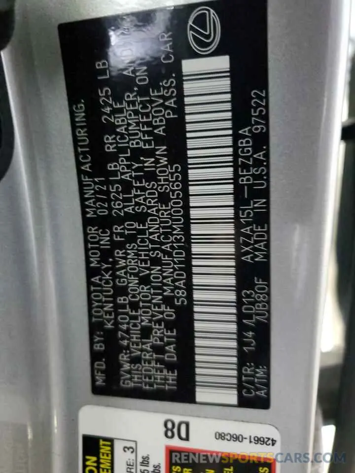 15 Фотография поврежденного автомобиля 58AD11D13MU005655 LEXUS ES250 2021