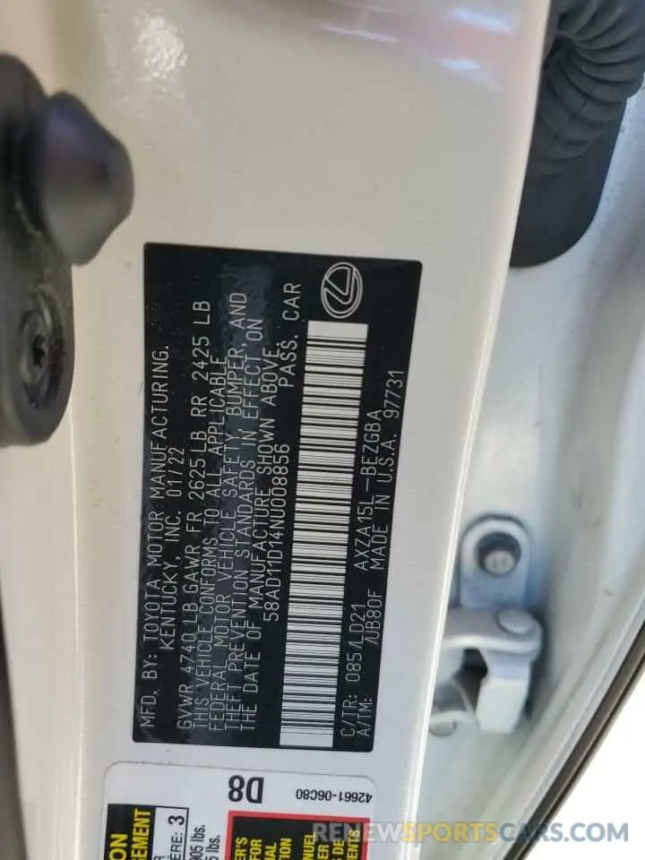 12 Фотография поврежденного автомобиля 58AD11D14NU008856 LEXUS ES250 2022