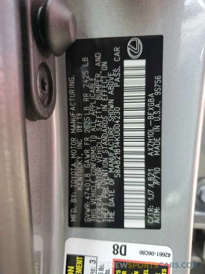 12 Фотография поврежденного автомобиля 58AB21B14KU004230 LEXUS ES300 2019