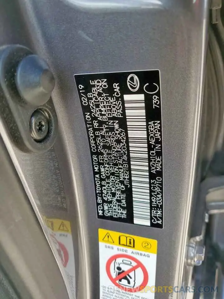 12 Photograph of a damaged car JTHB21B14K2034267 LEXUS ES300 2019