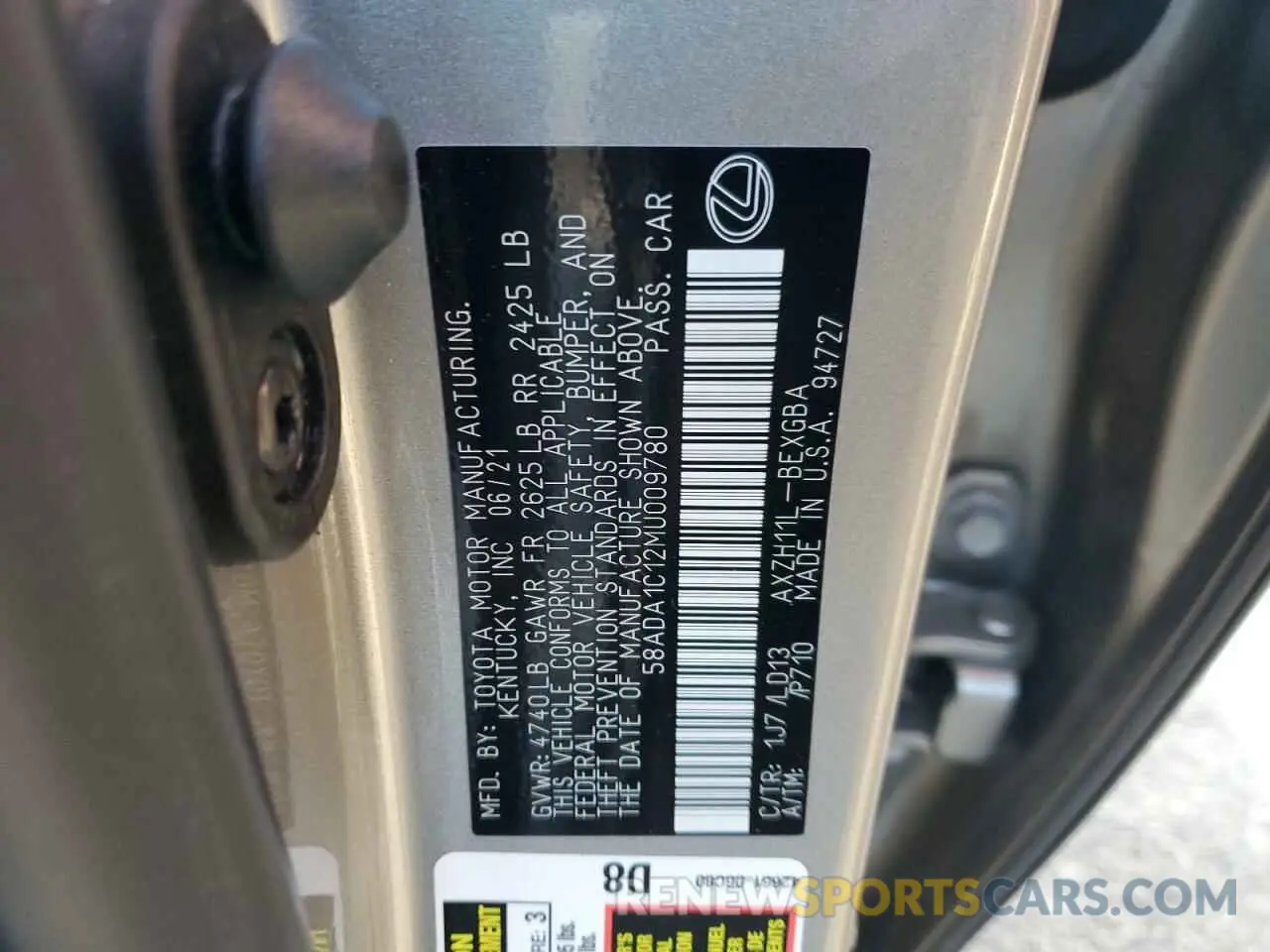 12 Photograph of a damaged car 58ADA1C12MU009780 LEXUS ES300 2021