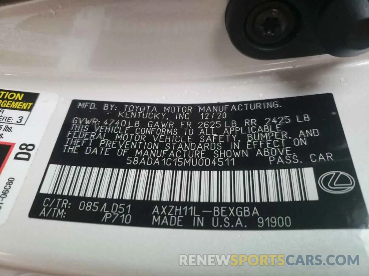 10 Фотография поврежденного автомобиля 58ADA1C15MU004511 LEXUS ES300 2021