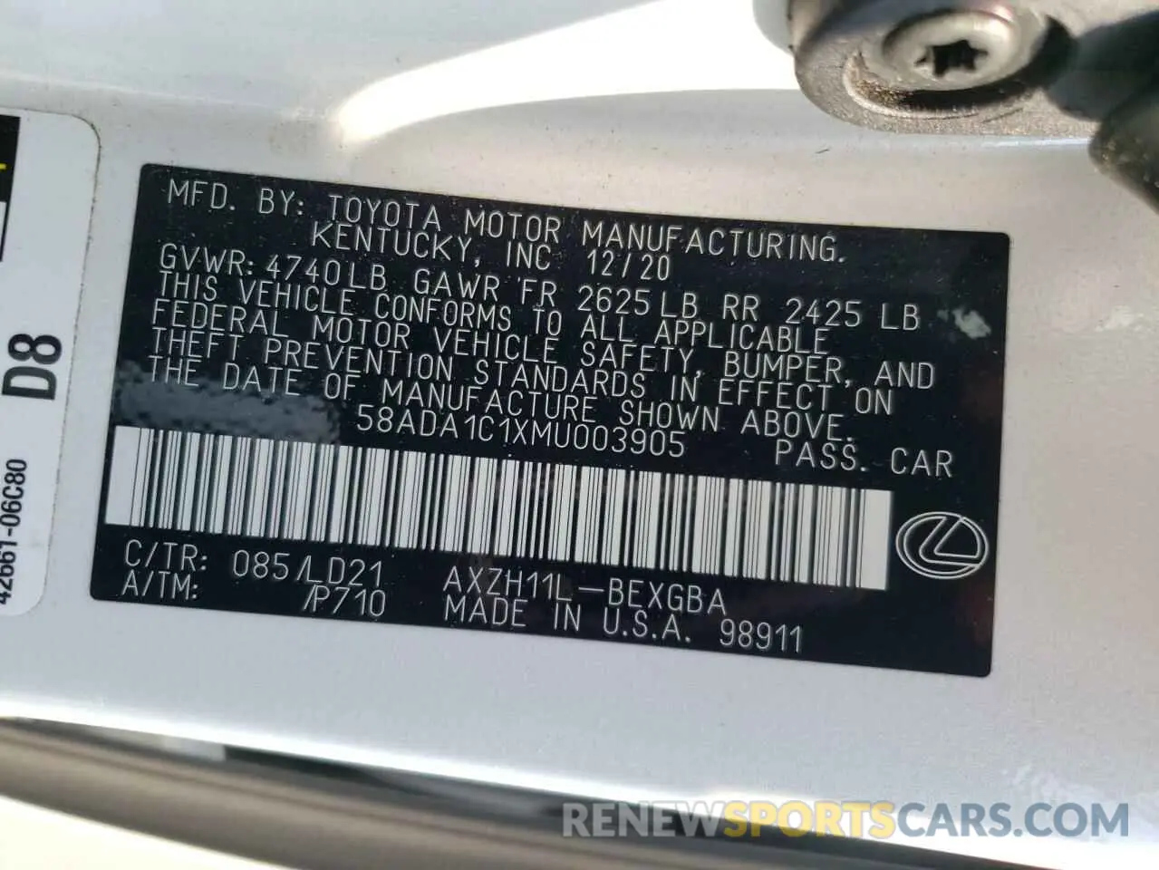 12 Photograph of a damaged car 58ADA1C1XMU003905 LEXUS ES300 2021