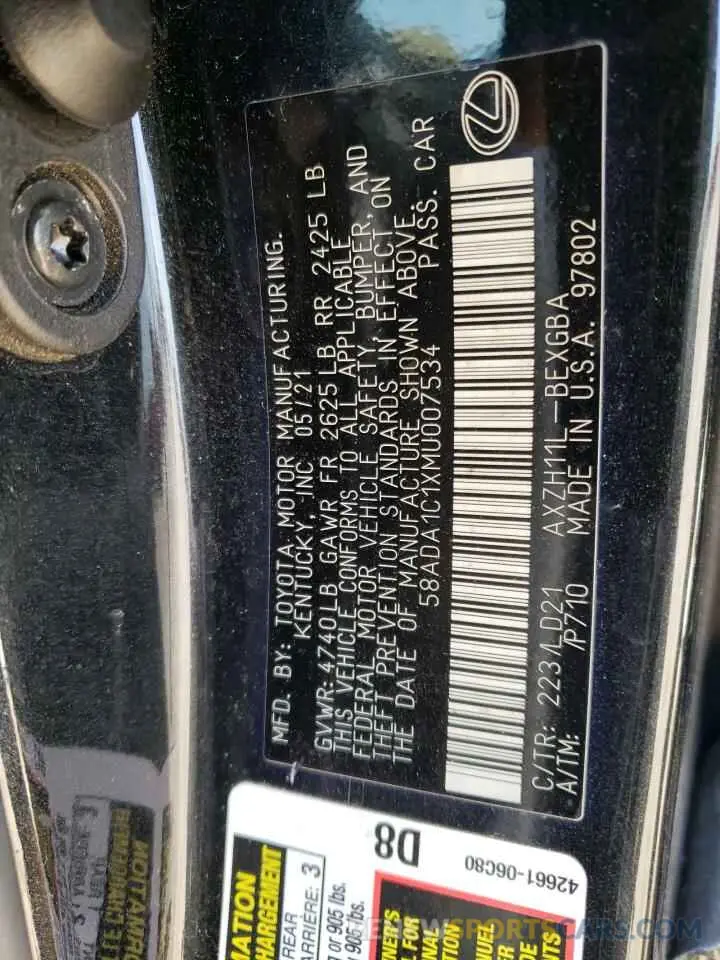 12 Фотография поврежденного автомобиля 58ADA1C1XMU007534 LEXUS ES300 2021