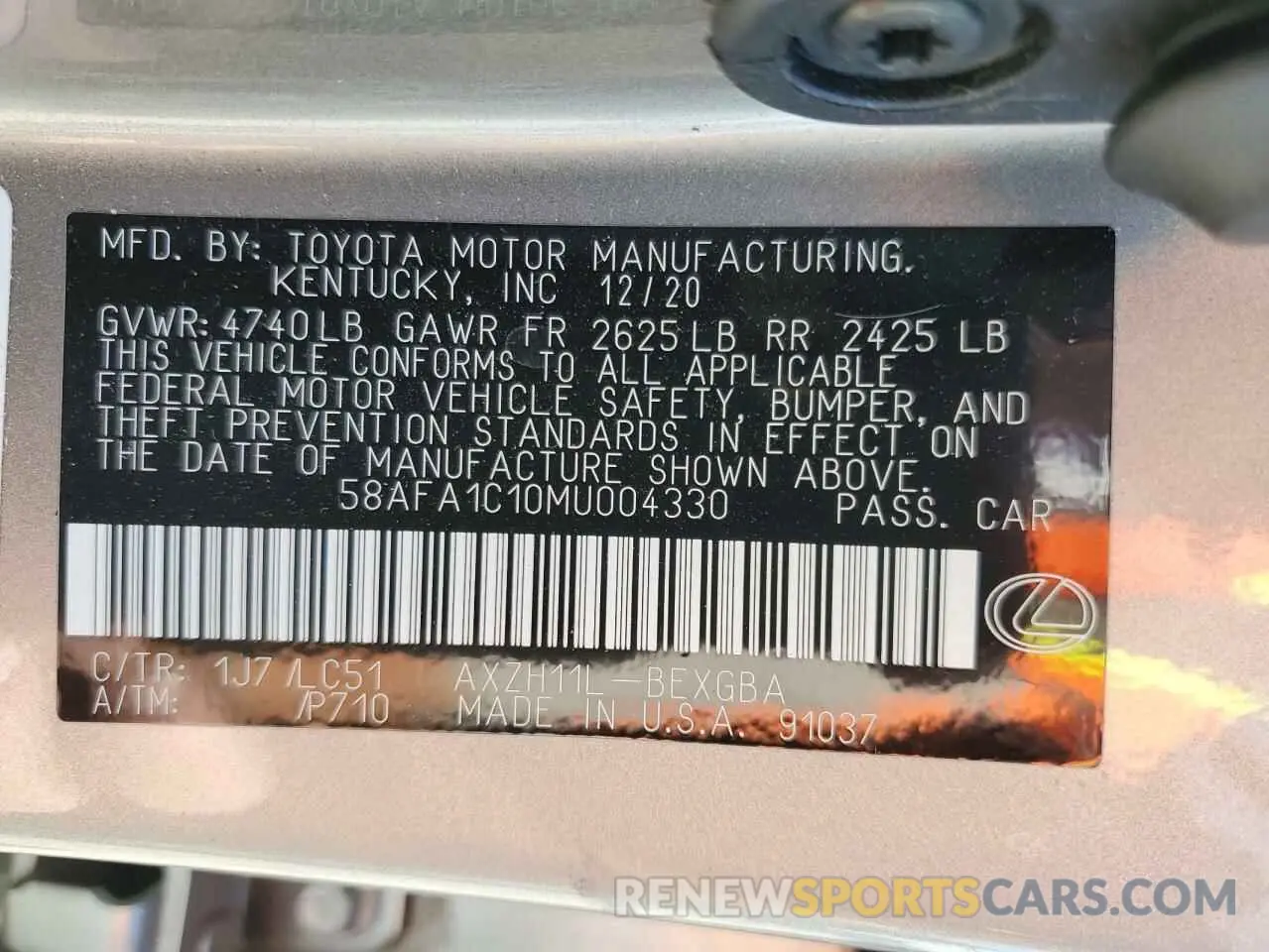 13 Фотография поврежденного автомобиля 58AFA1C10MU004330 LEXUS ES300 2021