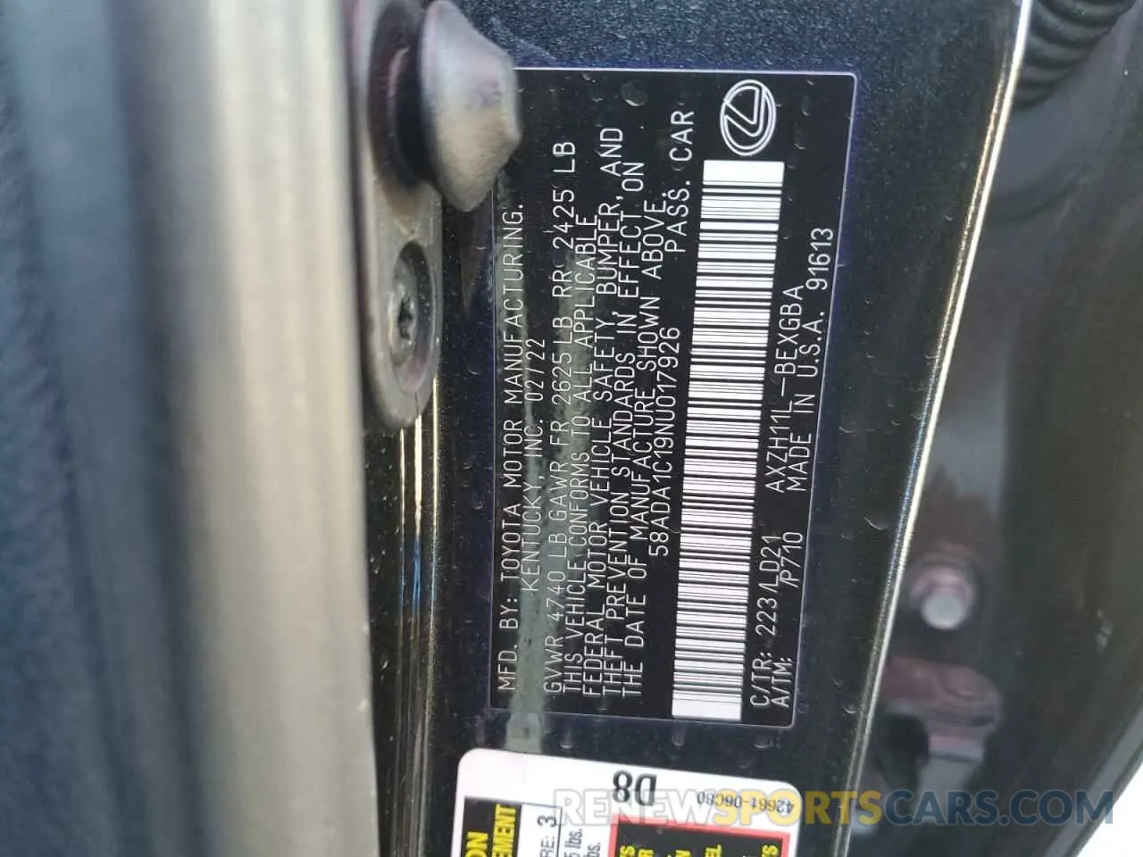 14 Photograph of a damaged car 58ADA1C19NU017926 LEXUS ES300 2022