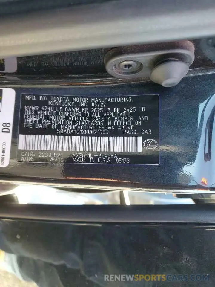 12 Фотография поврежденного автомобиля 58ADA1C1XNU021905 LEXUS ES300 2022