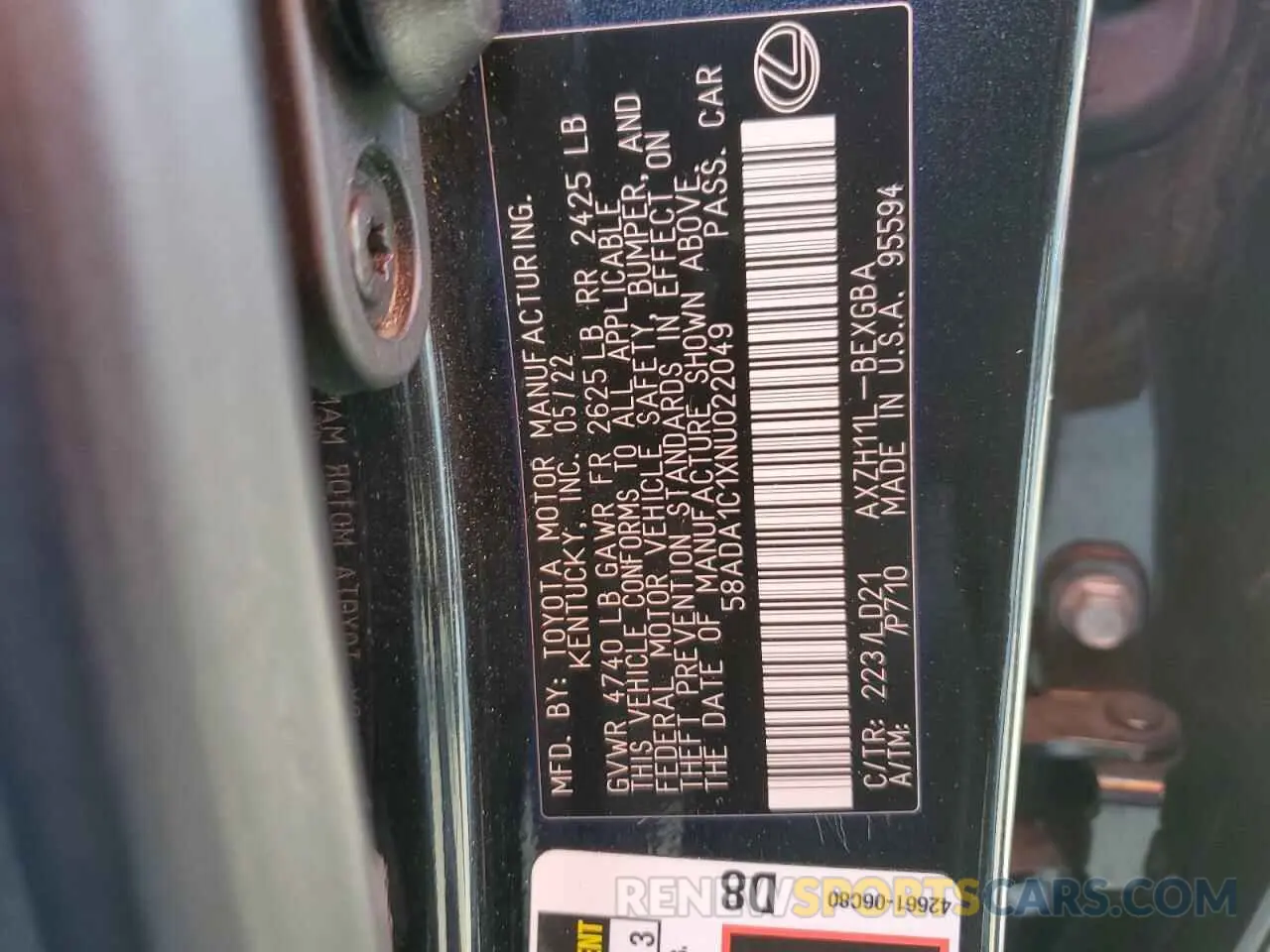 12 Фотография поврежденного автомобиля 58ADA1C1XNU022049 LEXUS ES300 2022