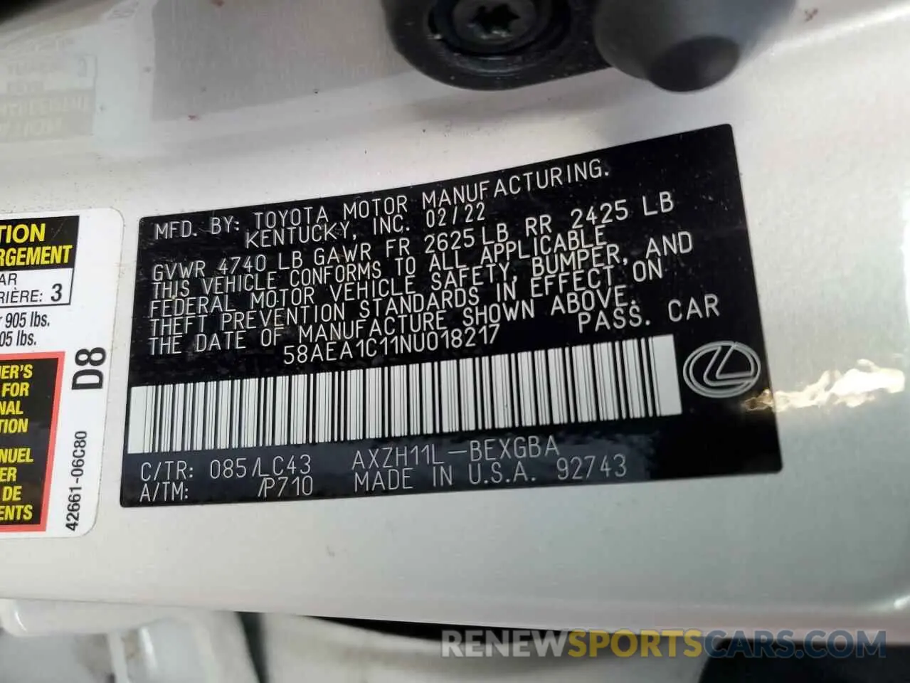 13 Фотография поврежденного автомобиля 58AEA1C11NU018217 LEXUS ES300 2022