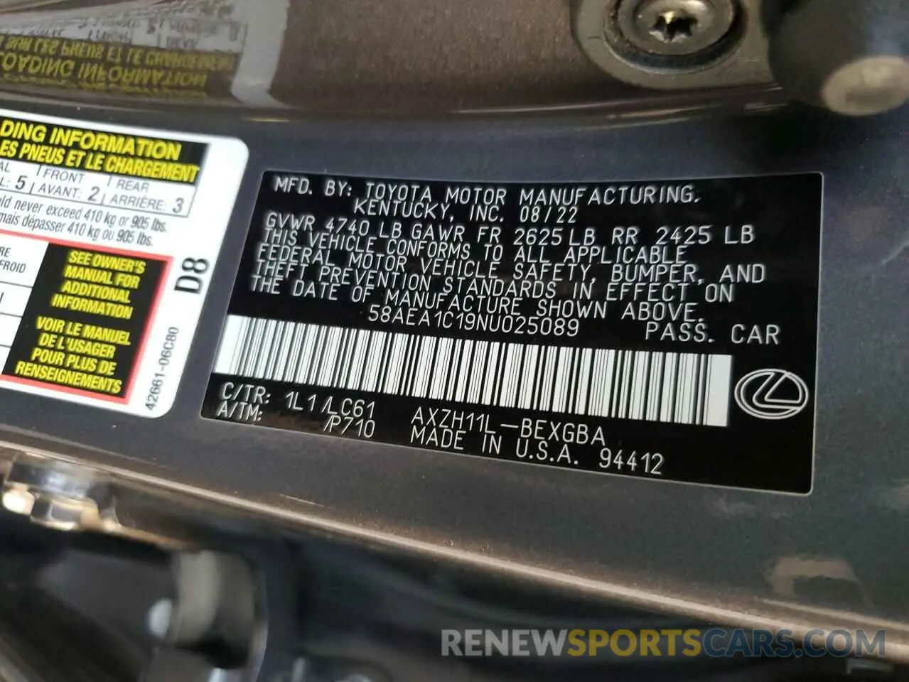 12 Фотография поврежденного автомобиля 58AEA1C19NU025089 LEXUS ES300 2022