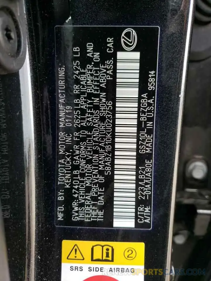12 Фотография поврежденного автомобиля 58ABZ1B10KU023756 LEXUS ES350 2019