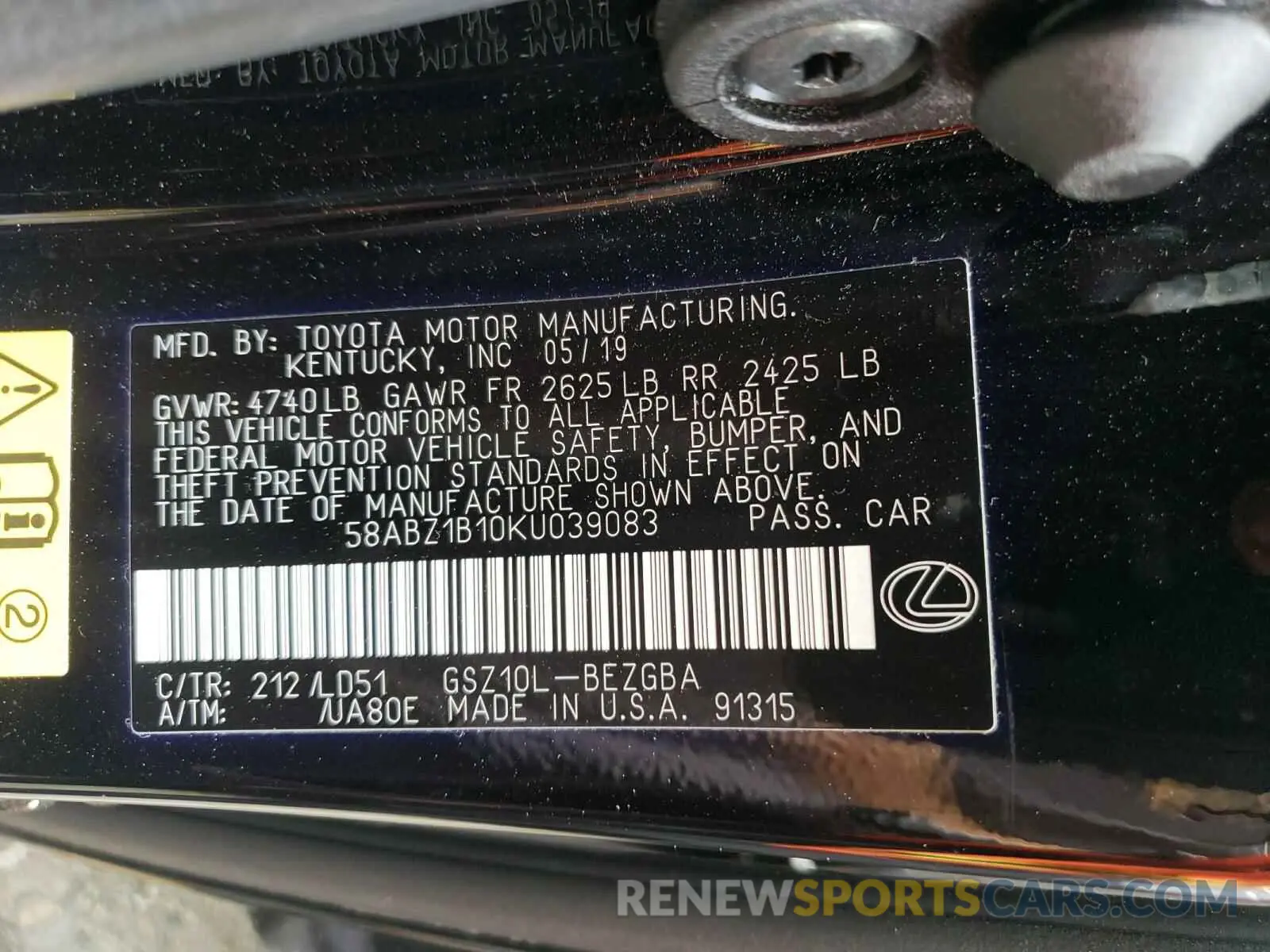10 Photograph of a damaged car 58ABZ1B10KU039083 LEXUS ES350 2019