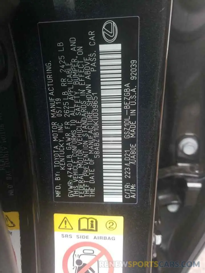 10 Photograph of a damaged car 58ABZ1B10KU039651 LEXUS ES350 2019
