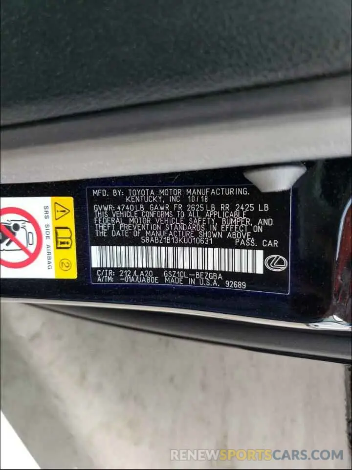 10 Photograph of a damaged car 58ABZ1B13KU010631 LEXUS ES350 2019