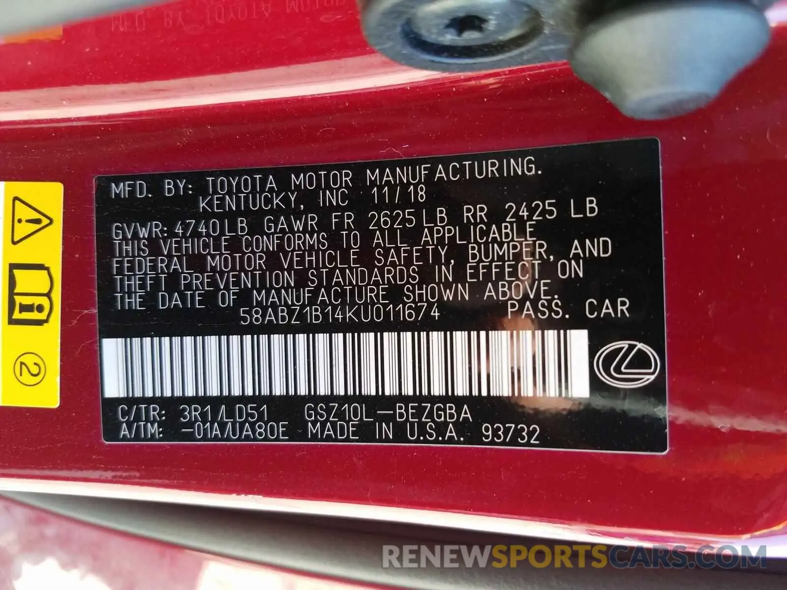 10 Photograph of a damaged car 58ABZ1B14KU011674 LEXUS ES350 2019