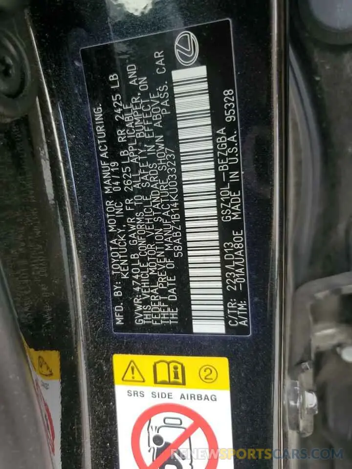 10 Photograph of a damaged car 58ABZ1B14KU033237 LEXUS ES350 2019