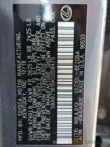 12 Фотография поврежденного автомобиля 58ABZ1B15KU008475 LEXUS ES350 2019