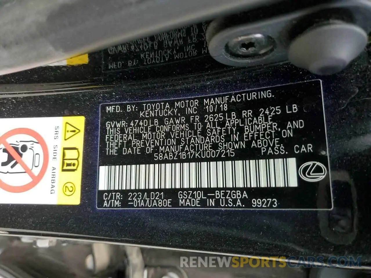 12 Photograph of a damaged car 58ABZ1B17KU007215 LEXUS ES350 2019