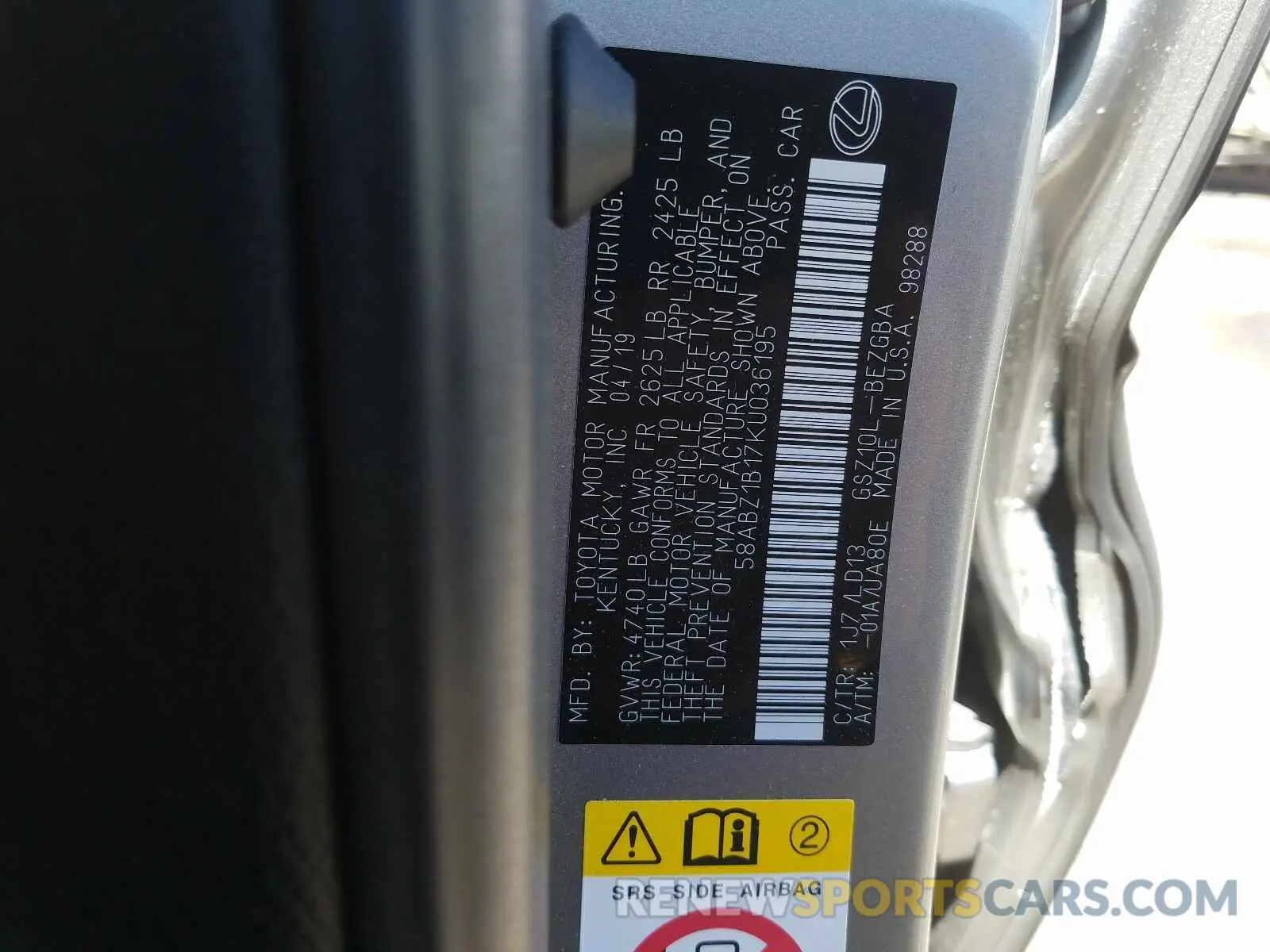 10 Photograph of a damaged car 58ABZ1B17KU036195 LEXUS ES350 2019