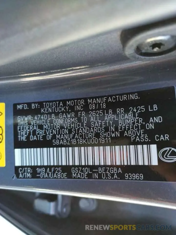 10 Photograph of a damaged car 58ABZ1B18KU001911 LEXUS ES350 2019