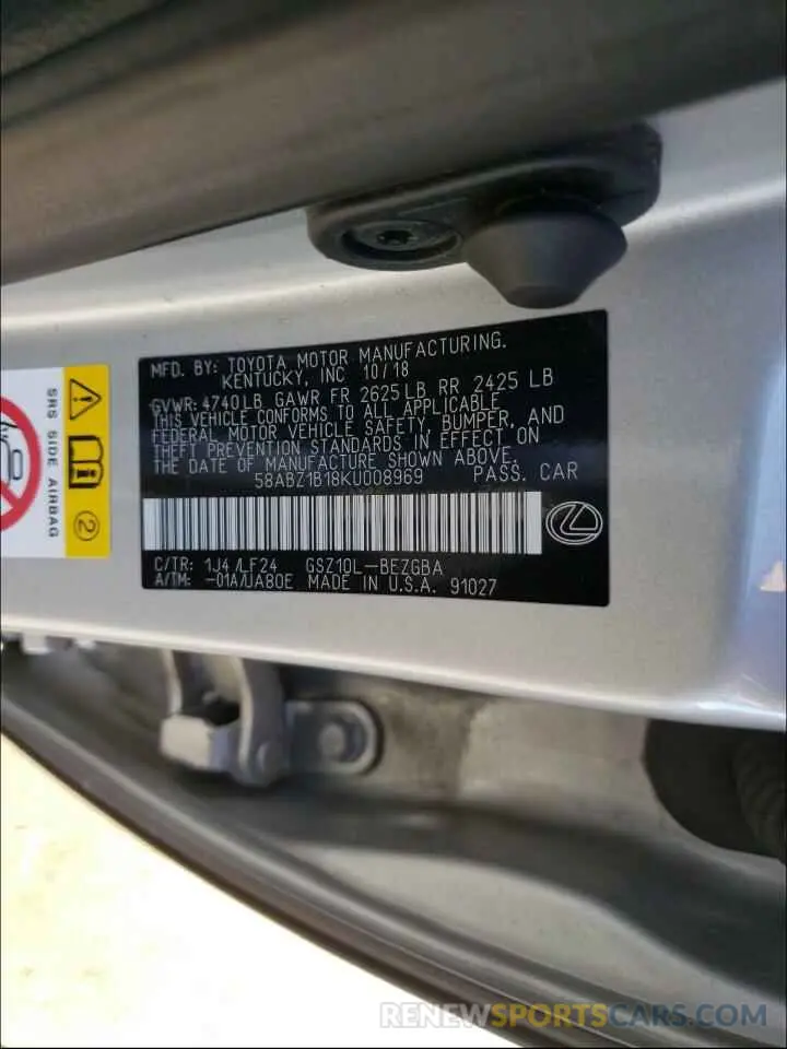 10 Photograph of a damaged car 58ABZ1B18KU008969 LEXUS ES350 2019