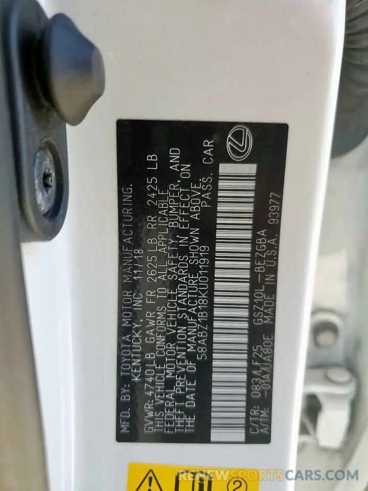 13 Фотография поврежденного автомобиля 58ABZ1B18KU011919 LEXUS ES350 2019