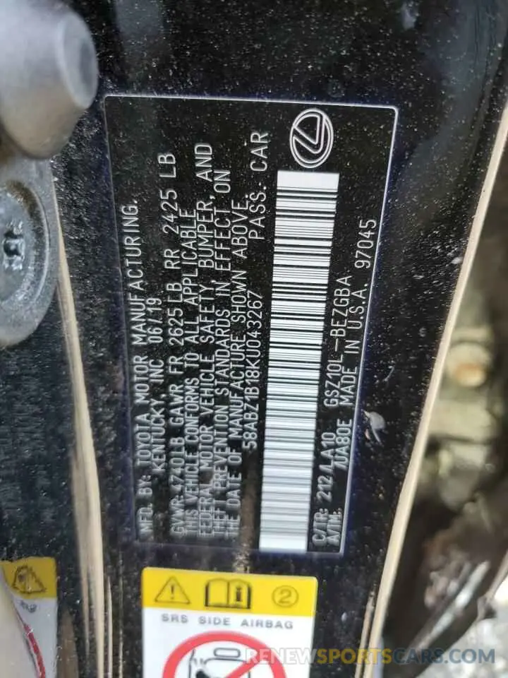 12 Photograph of a damaged car 58ABZ1B18KU043267 LEXUS ES350 2019