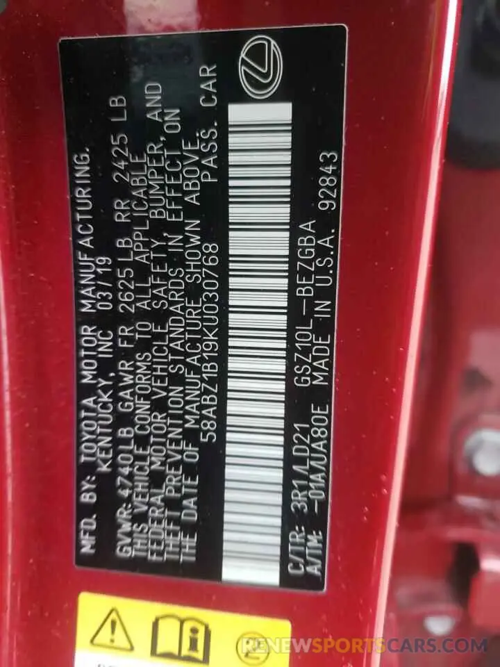 10 Photograph of a damaged car 58ABZ1B19KU030768 LEXUS ES350 2019