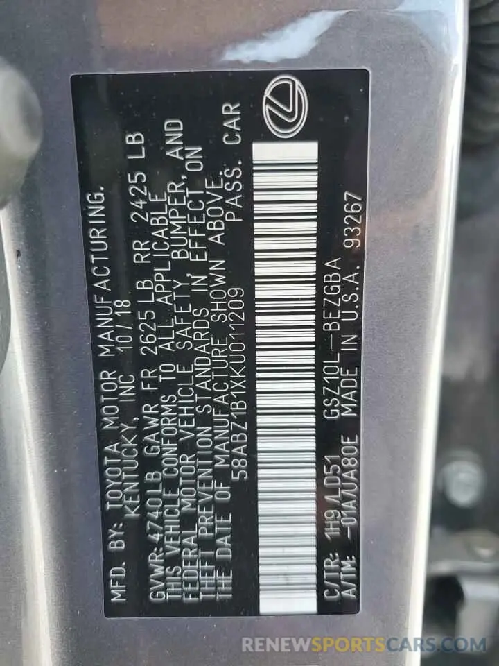 12 Фотография поврежденного автомобиля 58ABZ1B1XKU011209 LEXUS ES350 2019