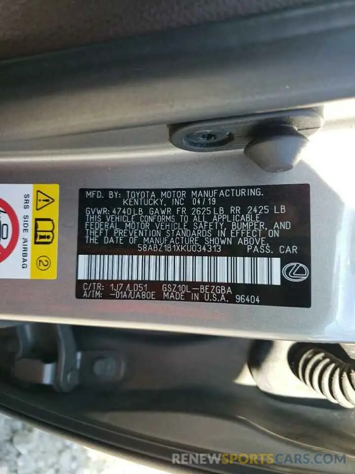 12 Photograph of a damaged car 58ABZ1B1XKU034313 LEXUS ES350 2019
