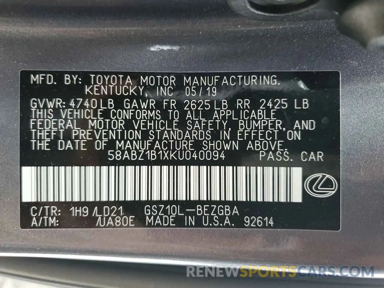 12 Photograph of a damaged car 58ABZ1B1XKU040094 LEXUS ES350 2019