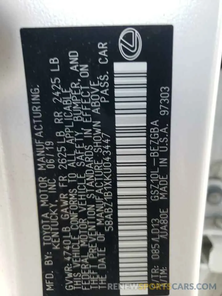 12 Фотография поврежденного автомобиля 58ABZ1B1XKU043447 LEXUS ES350 2019