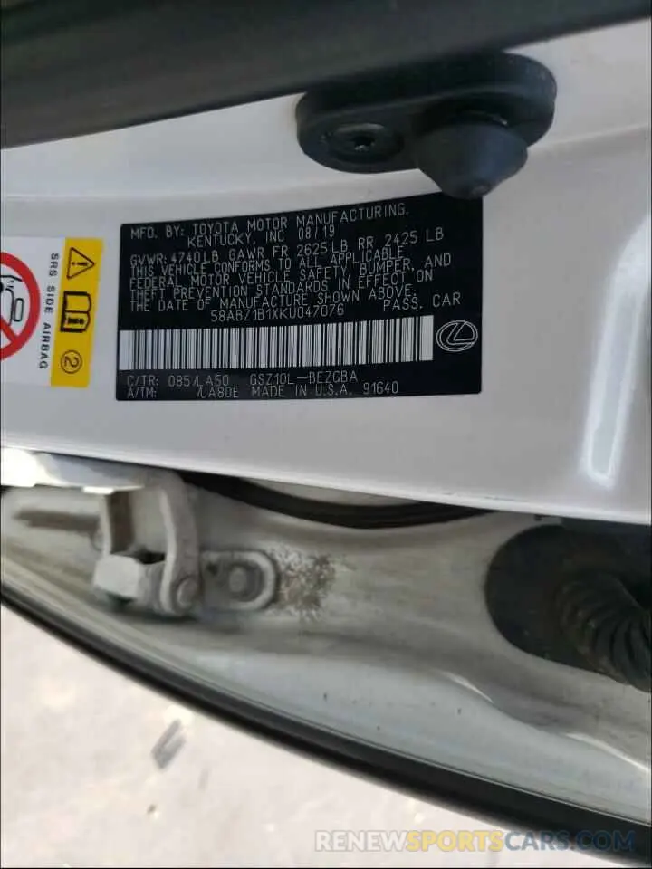 10 Photograph of a damaged car 58ABZ1B1XKU047076 LEXUS ES350 2019