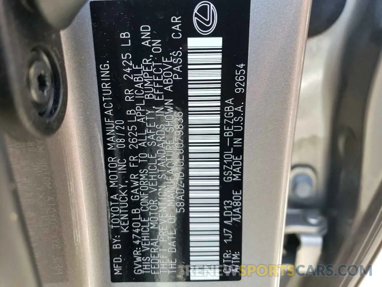 10 Фотография поврежденного автомобиля 58ADZ1B10LU079836 LEXUS ES350 2020