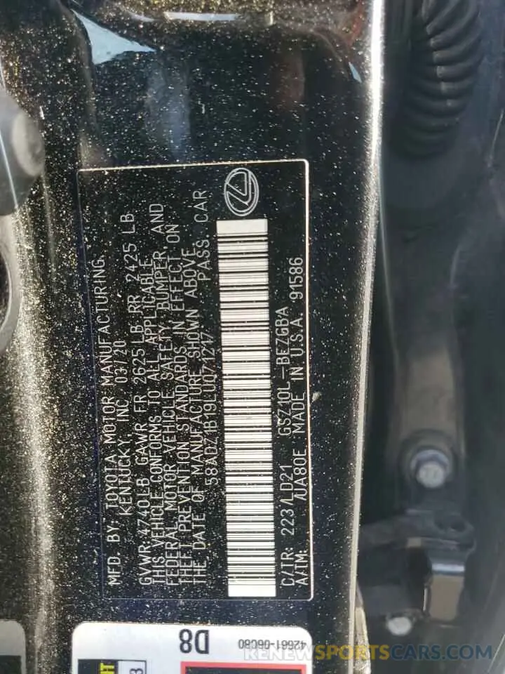 14 Фотография поврежденного автомобиля 58ADZ1B19LU071217 LEXUS ES350 2020