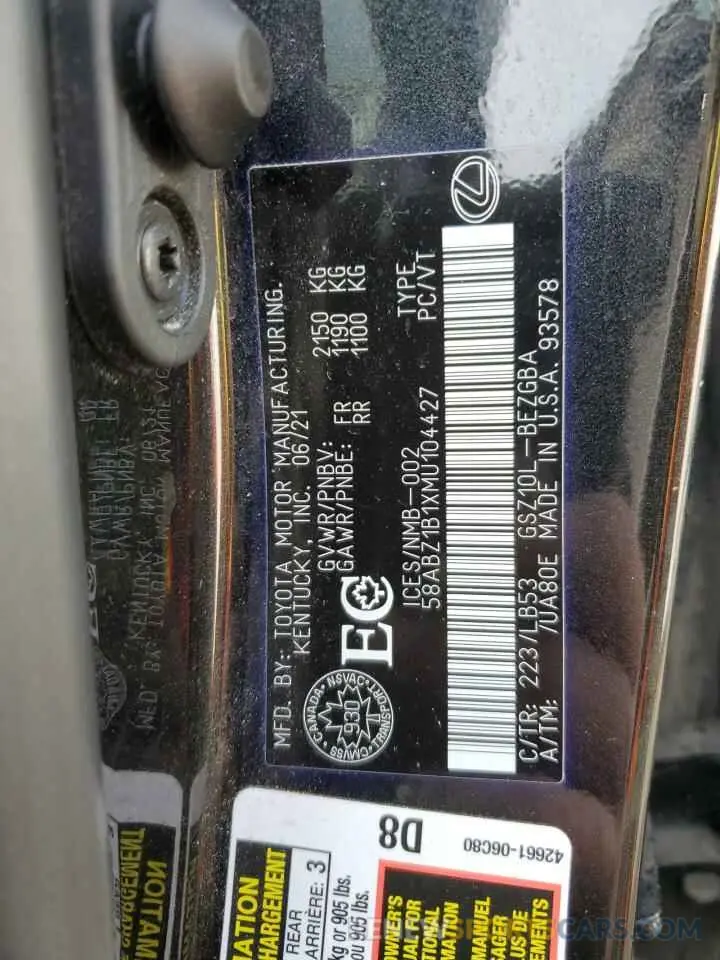 13 Photograph of a damaged car 58ABZ1B1XMU104427 LEXUS ES350 2021