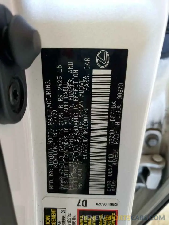 12 Фотография поврежденного автомобиля 58ADZ1B11MU090720 LEXUS ES350 2021