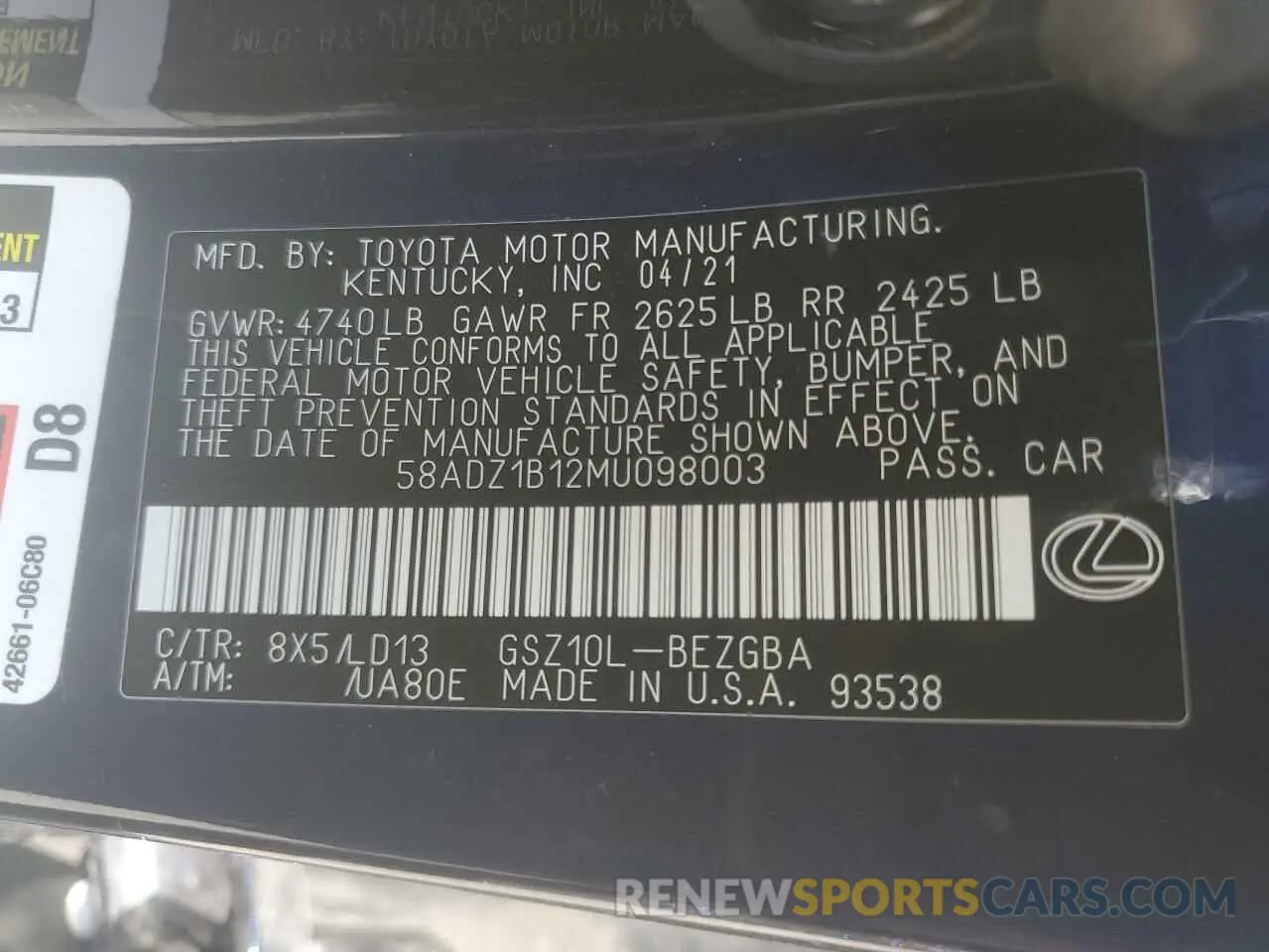 12 Photograph of a damaged car 58ADZ1B12MU098003 LEXUS ES350 2021