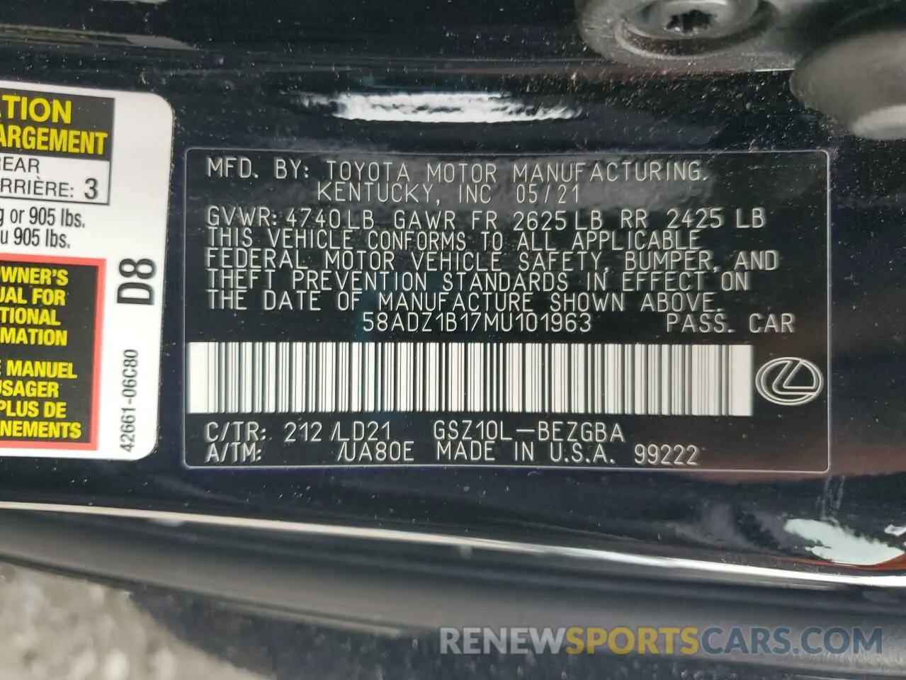 12 Фотография поврежденного автомобиля 58ADZ1B17MU101963 LEXUS ES350 2021