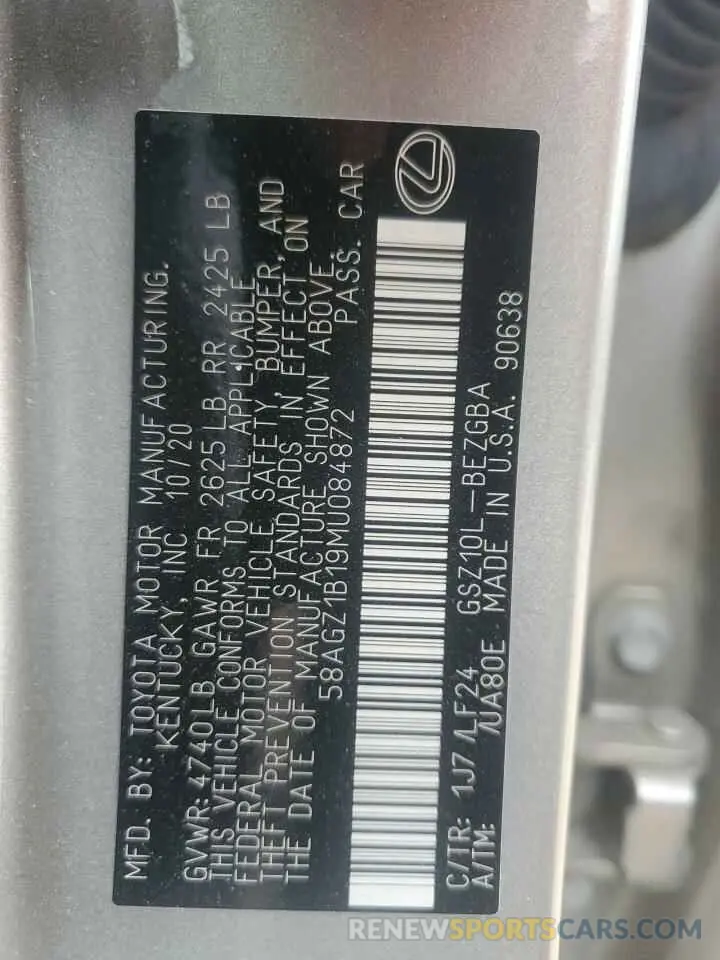 12 Фотография поврежденного автомобиля 58AGZ1B19MU084872 LEXUS ES350 2021