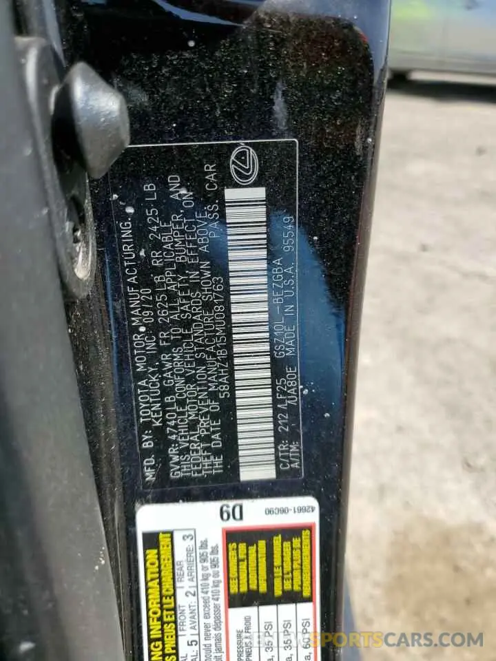 12 Фотография поврежденного автомобиля 58AHZ1B15MU081763 LEXUS ES350 2021