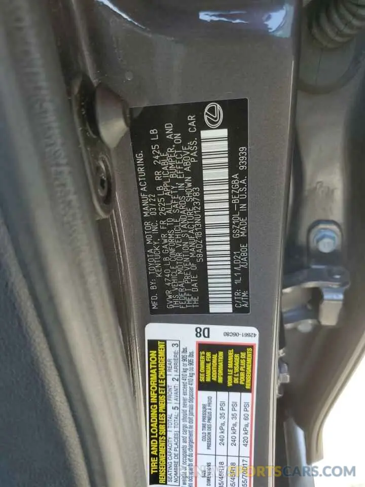 14 Photograph of a damaged car 58ADZ1B13NU123783 LEXUS ES350 2022