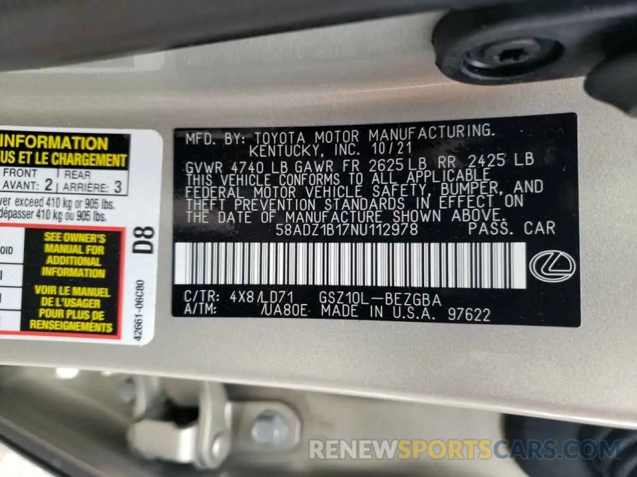 10 Фотография поврежденного автомобиля 58ADZ1B17NU112978 LEXUS ES350 2022