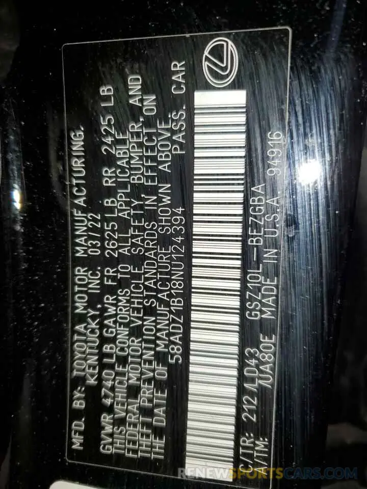 12 Фотография поврежденного автомобиля 58ADZ1B18NU124394 LEXUS ES350 2022