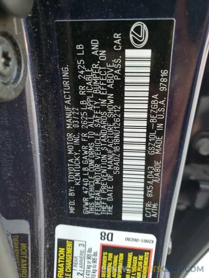 12 Photograph of a damaged car 58ADZ1B18NU126212 LEXUS ES350 2022