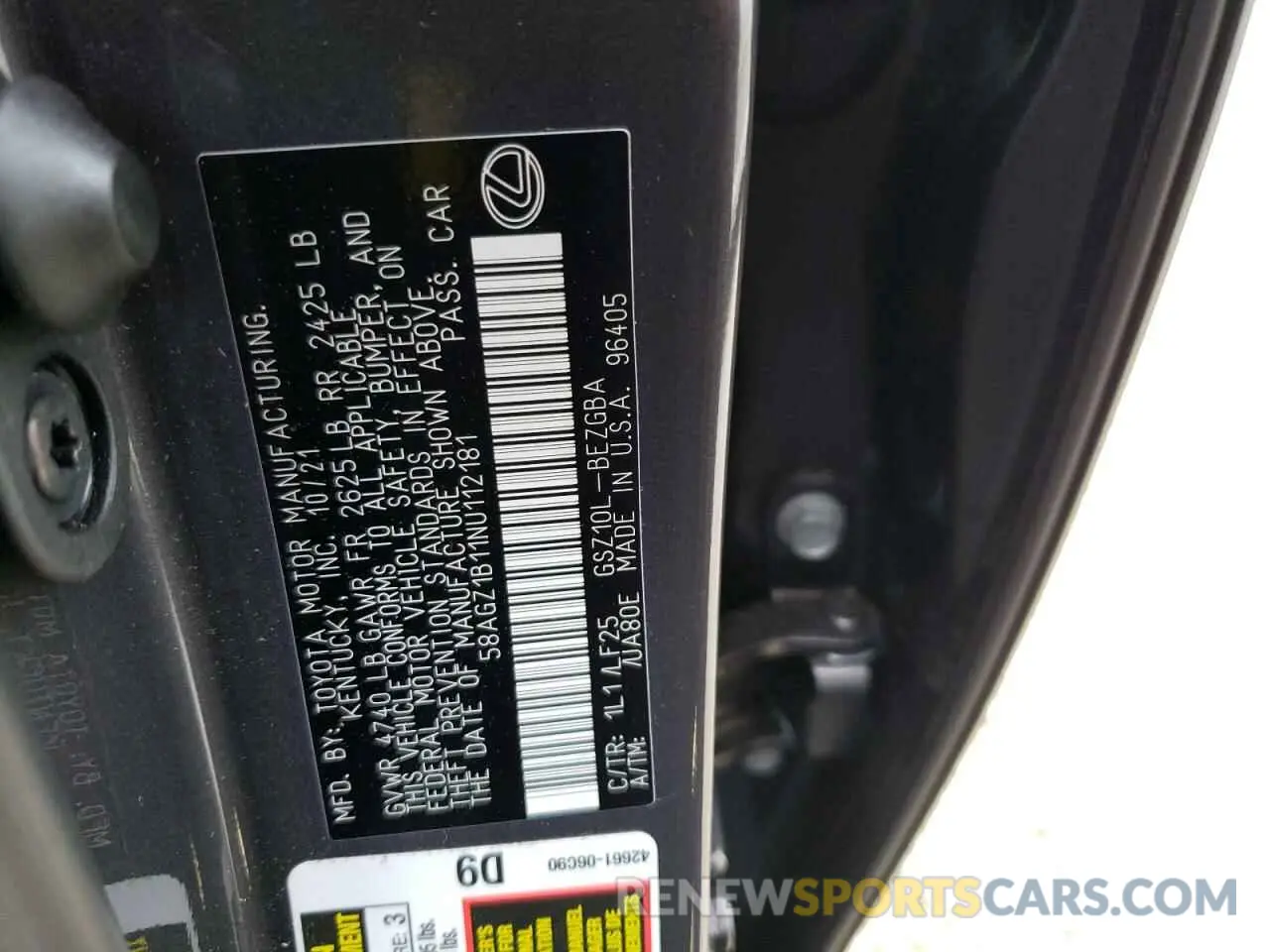 10 Фотография поврежденного автомобиля 58AGZ1B11NU112181 LEXUS ES350 2022