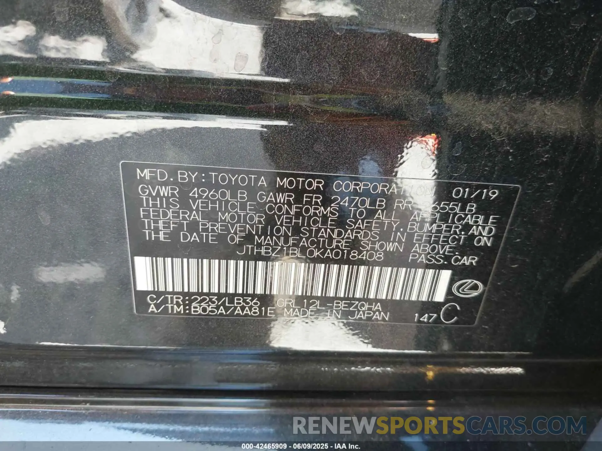 9 Фотография поврежденного автомобиля JTHBZ1BL0KA018408 LEXUS GS 350 2019